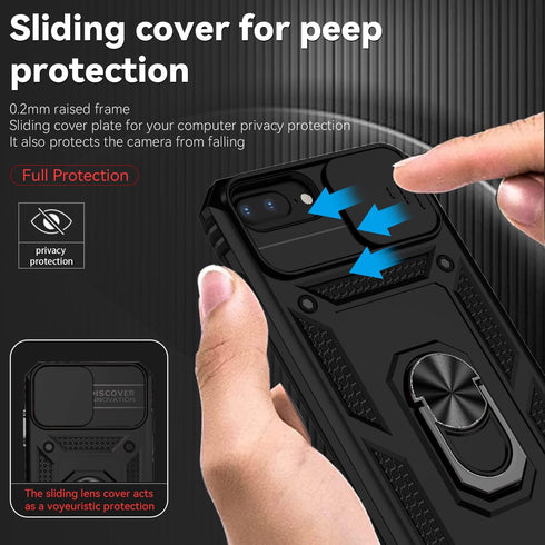 Black Military Grade Shockproof Case for iPhone 6 Plus, 7 Plus, 8 Plus with Slide Camera Cover & HD Screen Protector.