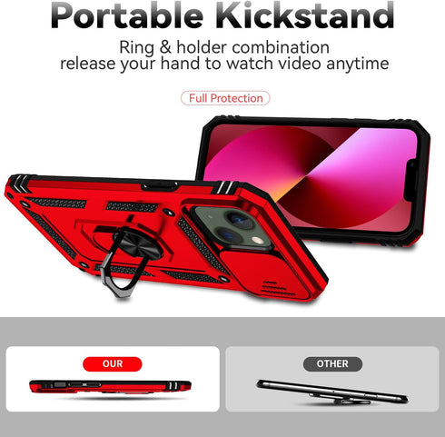 SunStory iPhone 13/14 Case (Red) - Military-Grade, HD Screen Protector, Slide Camera Cover & Kickstand.