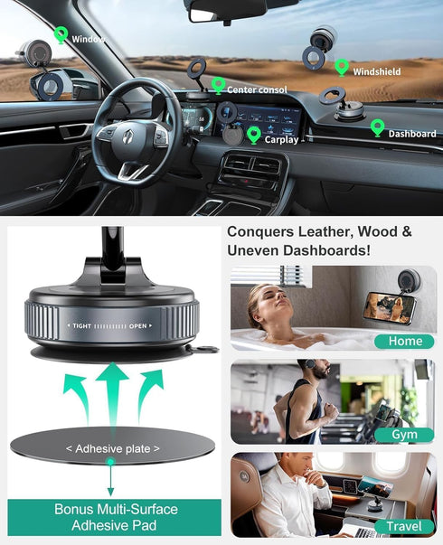 Generic 2026 3 360 Upgraded Vacuum Magnetic Car Phone Holder with Rings Ultra Suction Cup Phone Mount for MagSafe Cell