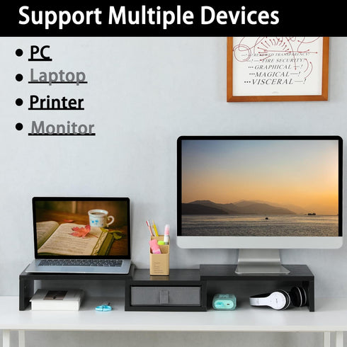 TEAMIX Dual Monitor Stand Riser with Drawer, Adjustable Length and Angle, 37 inch Long Monitor Riser for 2 Monitors