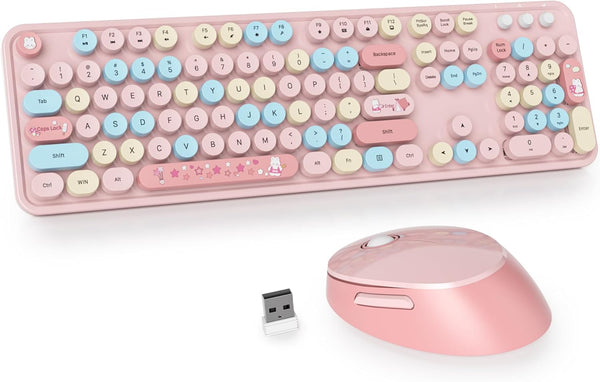 Owpkeenthy Pink Wireless Keyboard and Mouse, Colorful Typewriter Keyboard with Number Pad for Desktop and Laptop