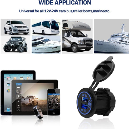 12V/24V 3.0 Dual USB Charger Socket with Touch Switch, Waterproof QC3.0 Fast Charger for Marine, Boat, Motorcycle