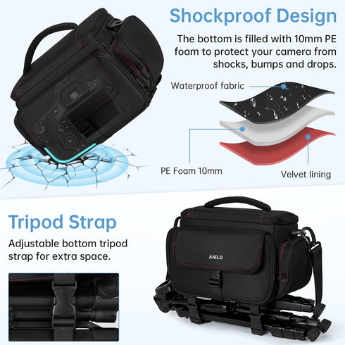 ANILD DSLR Gadget Bag, Crossbody Camera Bag for Photographers, Solid Water-resistant Travel Photography Camera