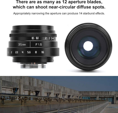 Large Aperture Lens, 35mm F1.6 C Mount, Aluminum Alloy Optical Glass, Manual Fixed Focus Portrait Camera Lens Accessory