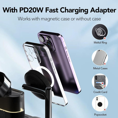 5 in 1 Wireless Charger with Alarm Clock for Apple, Mag-Safe Charging Station for iPhone 16/15/14/13/12, Apple Watch