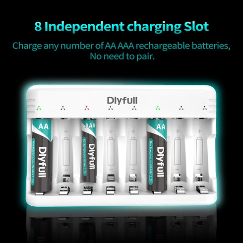 Dlyfull 8 Bay AA AAA Battery Charger with USB-C High-Speed Charging, Independent Slot for 1.2V Ni-MH Ni-CD Rechargeable Batteries, Cable Included
