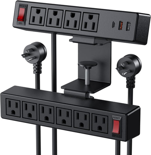 VILONG Desk Clamp Power Strip, PD20W USB-C, 2 in 1 Dual Layer Under Desk Power Socket with 10AC Outlets