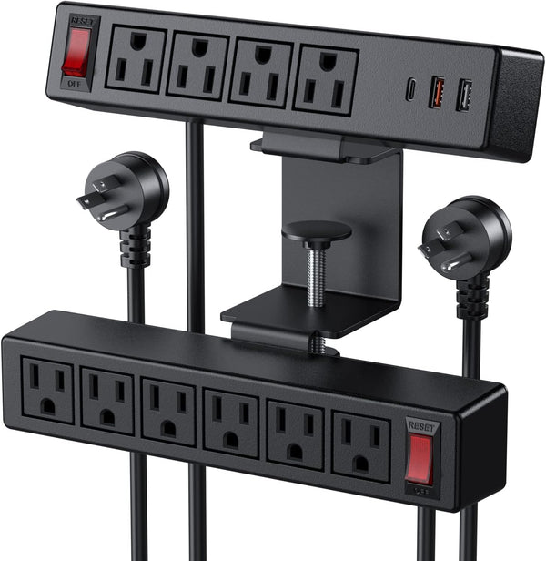 VILONG Desk Clamp Power Strip, PD20W USB-C, 2 in 1 Dual Layer Under Desk Power Socket with 10AC Outlets