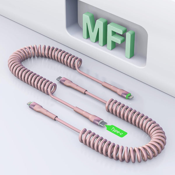 Coiled USB C to Lightning Cable 3Ft, Short iPhone Charger for Car Apple CarPlay, Pink with Data Sync & LED