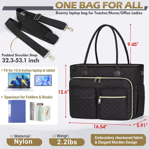 RAINSMORE 15.6 inch Teacher Tote Bag for Women, Laptop Work Bag with Insulated Pocket, Black