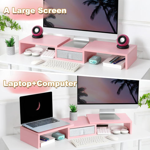 TEAMIX Pink Dual Monitor Stand Riser with Drawer - Adjustable Length and Angle for 2 Laptop/PC/Screen/TV (1 Drawer)