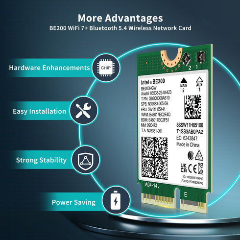 Intel BE200NGW WiFi 7 Wireless Card, Bluetooth 5.4, 5800Mbps M.2/NGFF Network for Windows 10/11, Linux Support