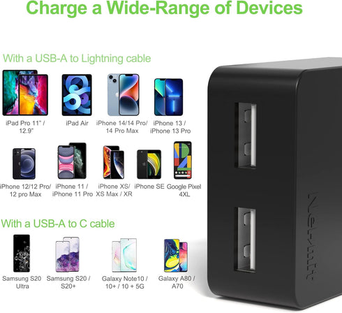 Nekmit Dual Port Ultra Thin Flat USB Wall Charger, Smart IC, Black