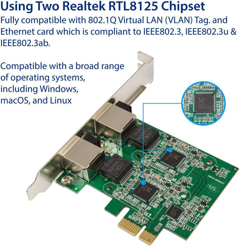 Syba Dual 2.5 Gigabit Ethernet PCI-E Network Expansion Card, RJ45 LAN Adapter, Low Profile Bracket