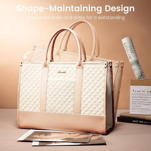 LOVEVOOK 17 Inch Laptop Bags for Women, Waterproof Work Tote Bag with Clutch, Quilted Beige & Brown