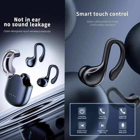Wireless Earbuds, Open-Ear Bluetooth 5.3 Noise Cancelling Headphones with Ear Hooks, 60H Playtime for Running