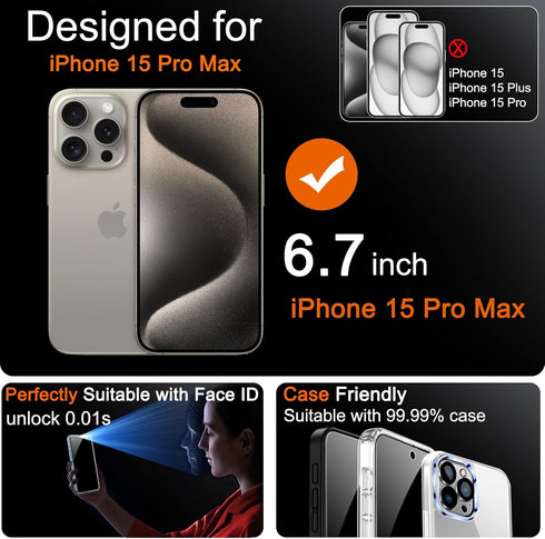 Milomdoi 4 Pack Privacy Screen Protector for Apple iPhone 15 Pro Max with 4 Pack Tempered Glass Camera Lens Protector, Ultra 9H Accessories, Case Friendly, Mounting Frame, 2.5D Curved, Black