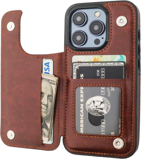 iPhone 15 Pro Wallet Case with Card Holder, PU Leather Kickstand, Double Magnetic Clasp, Durable Shockproof Cover, 6.1