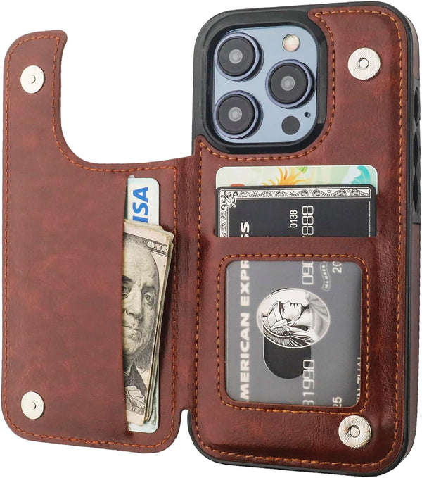 iPhone 15 Pro Wallet Case with Card Holder, PU Leather Kickstand, Double Magnetic Clasp, Durable Shockproof Cover, 6.1