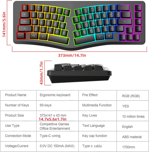 HXMJ Cable,69 -Wired Ergonomic Gaming Keyboard,Mechanical Feel,Detachable USB Keys,RGB Backlit-Black