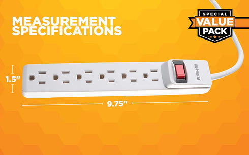 Woods 41435 Power Strip with 6 Outlets, 2-Pack, 2.5’ Cord and Durable White Housing