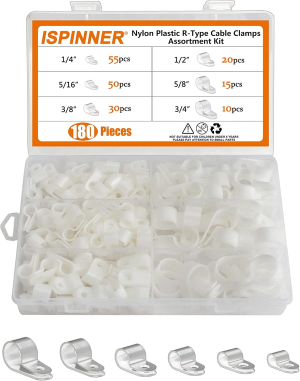 ISPINNER 180pcs Nylon Plastic R-Type Cable Clamps, Assortment Kit for Cable Conduit, 1/4" to 3/4" Clips (White)