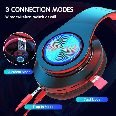 Bluetooth Wireless Over Ear Headphones, HiFi Stereo Sound Foldable Headphones with Colorful LED Lights, Built-in Mic,