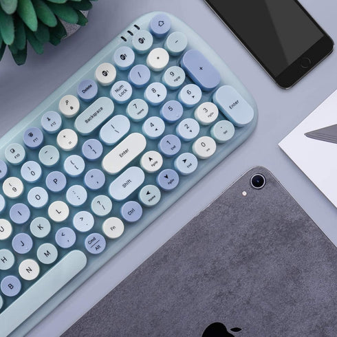 MOFII Bluetooth Wireless Keyboard, Retro Aesthetic with Colorful Round Keys, Connects 3 Devices - Blue