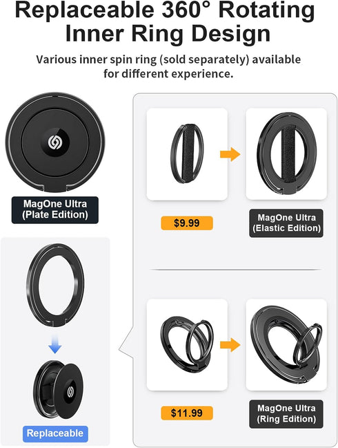 EWA MagOne Ultra Phone Grip Stand - Black, Leather Finger Strap, Removable Magnetic Ring Holder