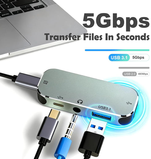 TPYoimay 5-in-1 PD3.0 3.55 USB3.1 10Gbps, USB TYPE-C docking station supports charging, Type-C interface headphone