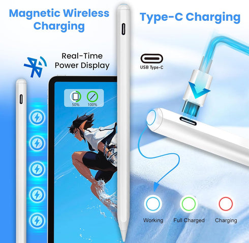 Apple Pencil for iPad 10th/9th Generation, Magnetic Wireless Charging and USB C Stylus Pen for iPad Air, Mini, Pro