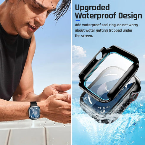 Goton Waterproof Case for Apple Watch Screen Protector 45mm Series 7 8 9, Tempered Glass Face Cover for iWatch
