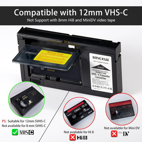 Bingxue Cassette 12mm, Cassette 8mm Hi8) Adapter for Camcorders SVHS VHS-C to VHS, Compatible Motorized VHS Converter