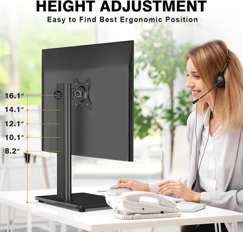 Single Monitor Stand VESA Mount for 13-32 Inch Screens, Free-Standing Riser with Swivel Tilt Rotation