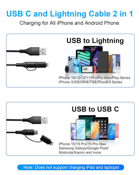 USB to USB C and Lightning Cable 6FT - Nylon Braided 2 in 1 Charging Cord for iPhone 15, Android Phones