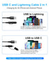 USB to USB C and Lightning Cable 6FT - Nylon Braided 2 in 1 Charging Cord for iPhone 15, Android Phones