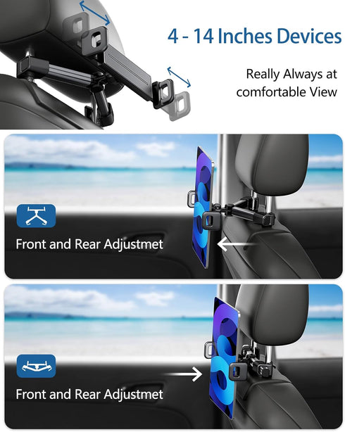 Car Headrest Backseat Mount, Phone/Tablet Holder, 360 Rotation, Adjustable Back Seat Tablet Holder for All 4"-14"