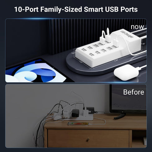 USB Charging Station 50w10A 10-Port USB Charger, Multiport USB Charger Station Hub, Compatible with iPhone, Galaxy, iPad Tablet, and Other USB Charging Devices, White, YC-A10