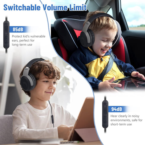 rockpapa Share 1 Kids Headphones Wired with Microphone & Share Port, 85dB/94dB Volume Limited, Black/Grey