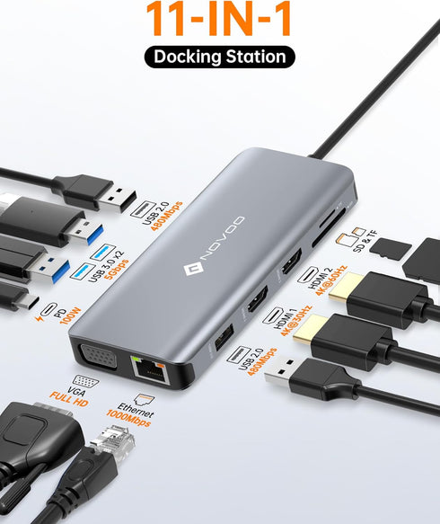 USB C Docking Station Dual HDMI Adapter, NOVOO 11 in 1 Multi Display Laptop Docking Station with 2 HDMI, VGA, 100W PD