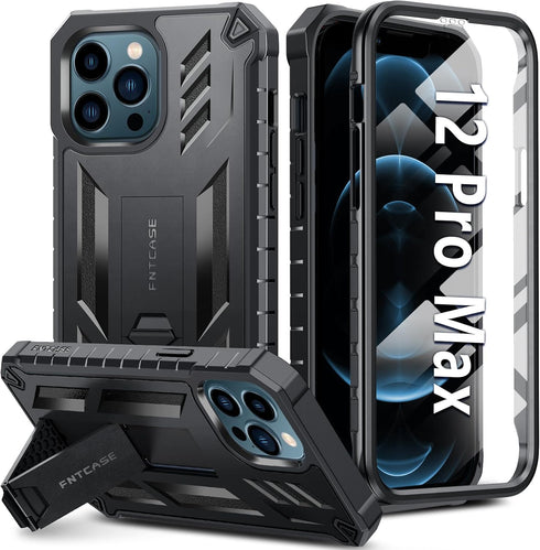 FNTCASE iPhone 12 Pro Max Case: Rugged Shockproof TPU, Military Grade Drop Protection, Matte Finish, Kickstand - Black