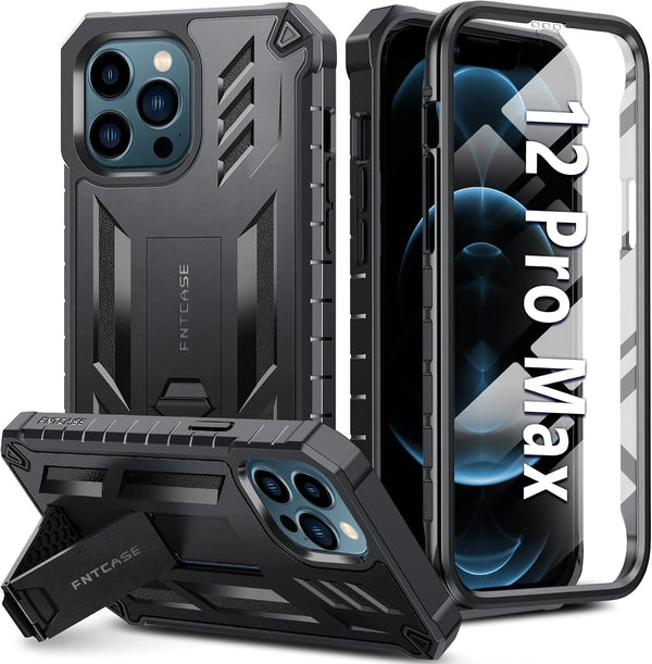 FNTCASE iPhone 12 Pro Max Case: Rugged Shockproof TPU, Military Grade Drop Protection, Matte Finish, Kickstand - Black