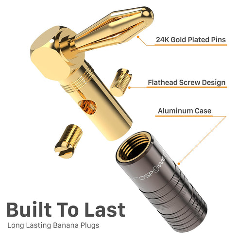 FosPower Right Angle Banana Plugs (12 Pairs / 24 pcs), 24K Gold Plated Closed Screw Speaker Plug Connectors