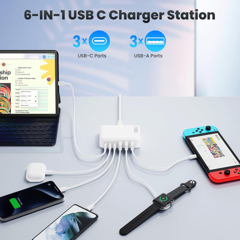 USB C Charger 108W, Upgraded GaN III 6-Port Fast USB Charging Station Hub, 3xQC+3xPD3.0 Phone Charger Adapter for