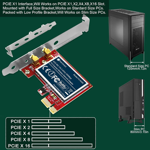 Wireless N 2.4GHz 300Mbps PCIE Wireless Network Adapter for Windows and Linux PCs, PCIE WiFi Card