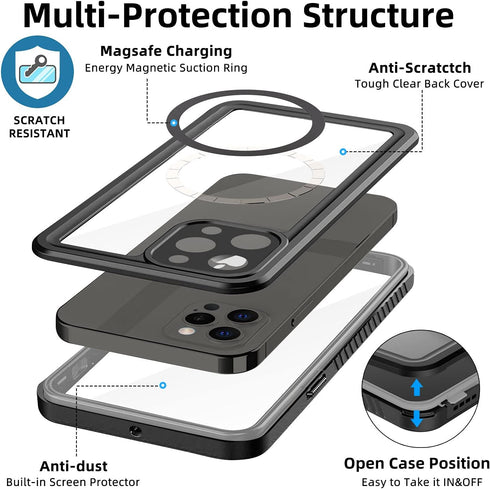 WIFORT Magnetic Waterproof Case for iPhone 12 Pro, Certified Water Proof & Military Protection with Built-in Screen