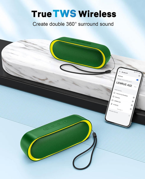 LENRUE Waterproof Bluetooth Speakers, Portable TWS Speakers with 24 Playtime & Stereo Sound for Home & Outdoor - Green