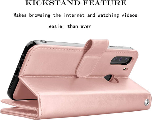 Njjex Wallet Case for Samsung Galaxy A21, 2020, Rose Gold, PU Leather with 9 Card Slots, Detachable Kickstand & Lanyard