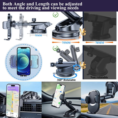 Eluseastar Case,Black,2 Pack Cell Phone Holder for Car Mount Dashboard Windshield Air Vent Scalable Long Arm Fit All