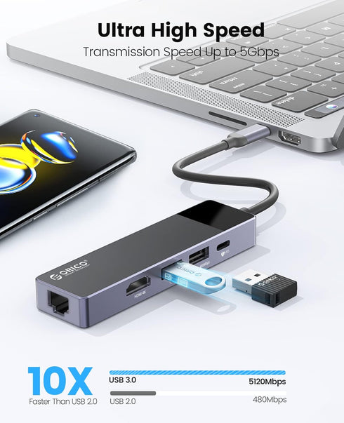 USB C Hub, ORICO 5 in 1 MacBook Docking Station Multiport Adapter with PD 60W, HDMI 4K@30Hz, Compatible with Dell/HP